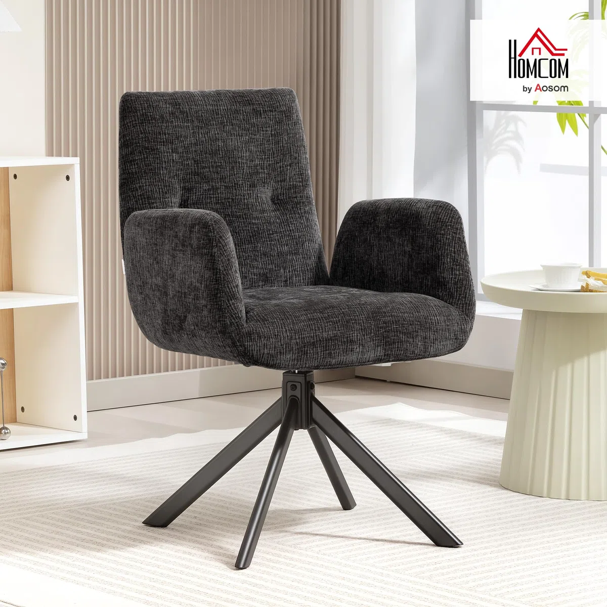 HOMCOM Sessel Drehbar Loungesessel mit Armlehne, Wolle-Leinenoptik, modern Polsterstuhl mit Knopfheftung, Stahlbeine, für Wohnzimmer, Schlafzimmer, Schwarz