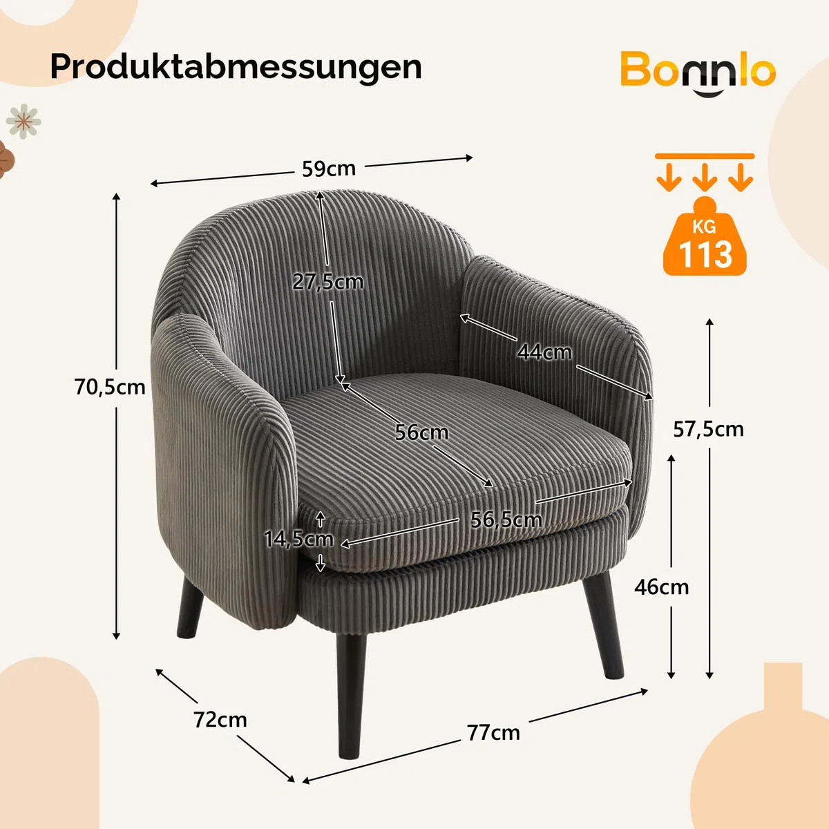 Bonnlo Sessel Gepolsterter Cocktailsessel, Moderner Loungesessel für Wohnzimmer, Lesesessel, Clubsessel, bis 113 kg belastbar, Schlafzimmer, Büro oder Wartebereich (Cord-Stoff, Dunkelgrau)