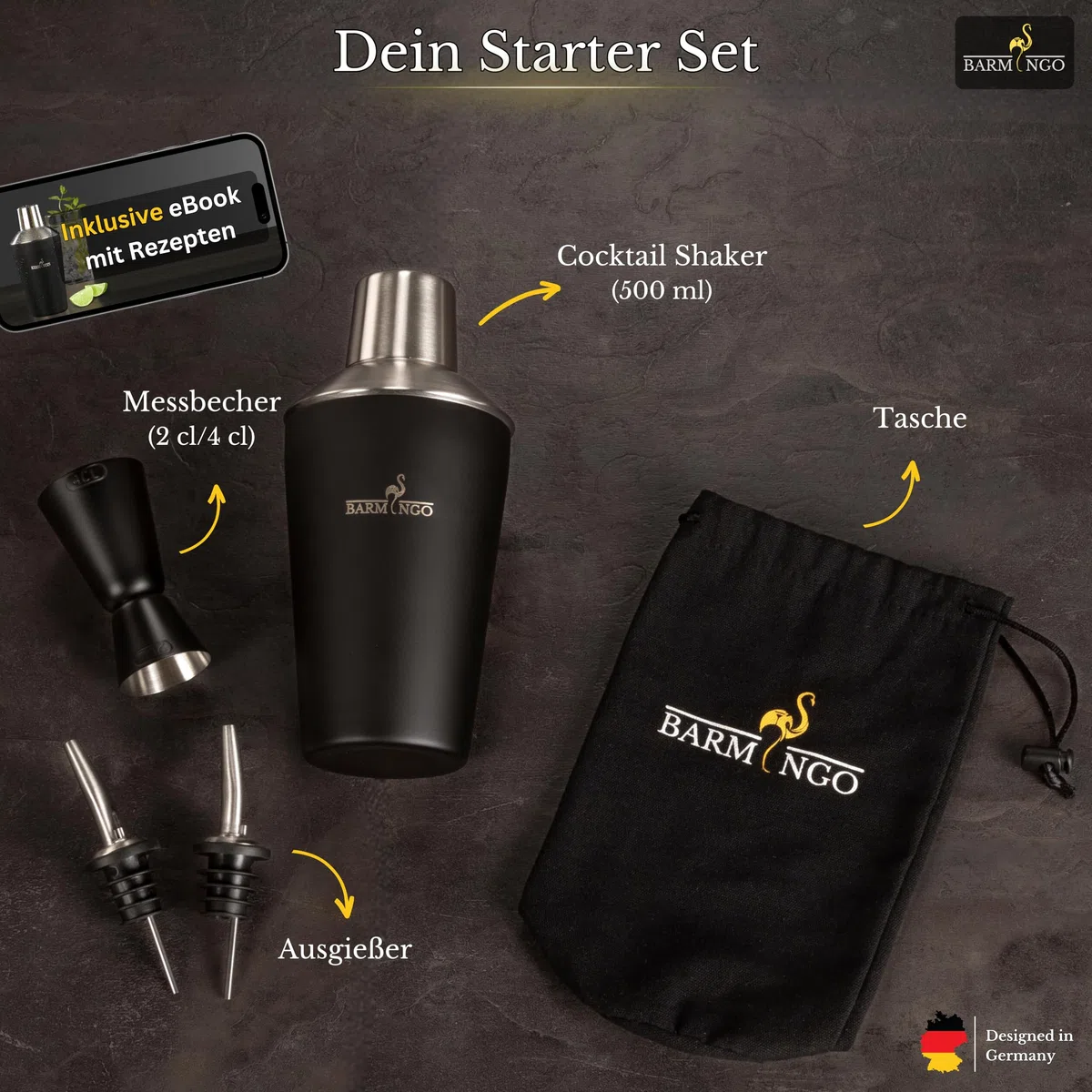 Cocktail Shaker Set [1,3 - SEHR GUT] - 500ml Edelstahl Cocktailshaker mit Bar Zubehör, Cocktail Set | Bar Set | Barkeeper Set | Cocktail Mix Set | Bar Geschenkset | Schwarz-Silber