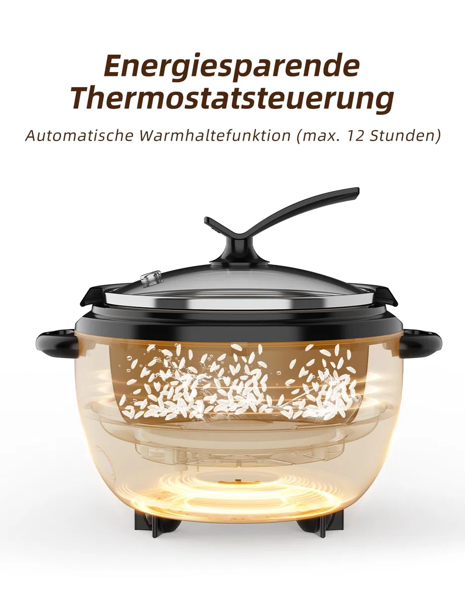 ERC-5P07SL 1L | 400W Reiskocher & Schwarzer Dämpfeinsatz Warm & Kochen 1-5 Personen Antihaft-abnehmbarer Topf, Messbecher Spatel, Aufstellbarer Knopf,Silber