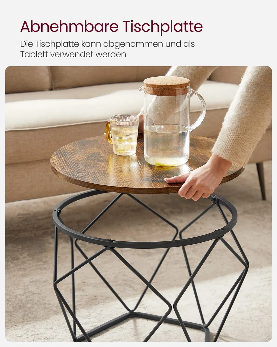 VASAGLE Couchtisch rund, 2er Set, Wohnzimmertisch, Beistelltisch, Vintage-Flair, abnehmbare Tischplatte, für Wohnzimmer, vintagebraun-tintenschwarz LET040B01
