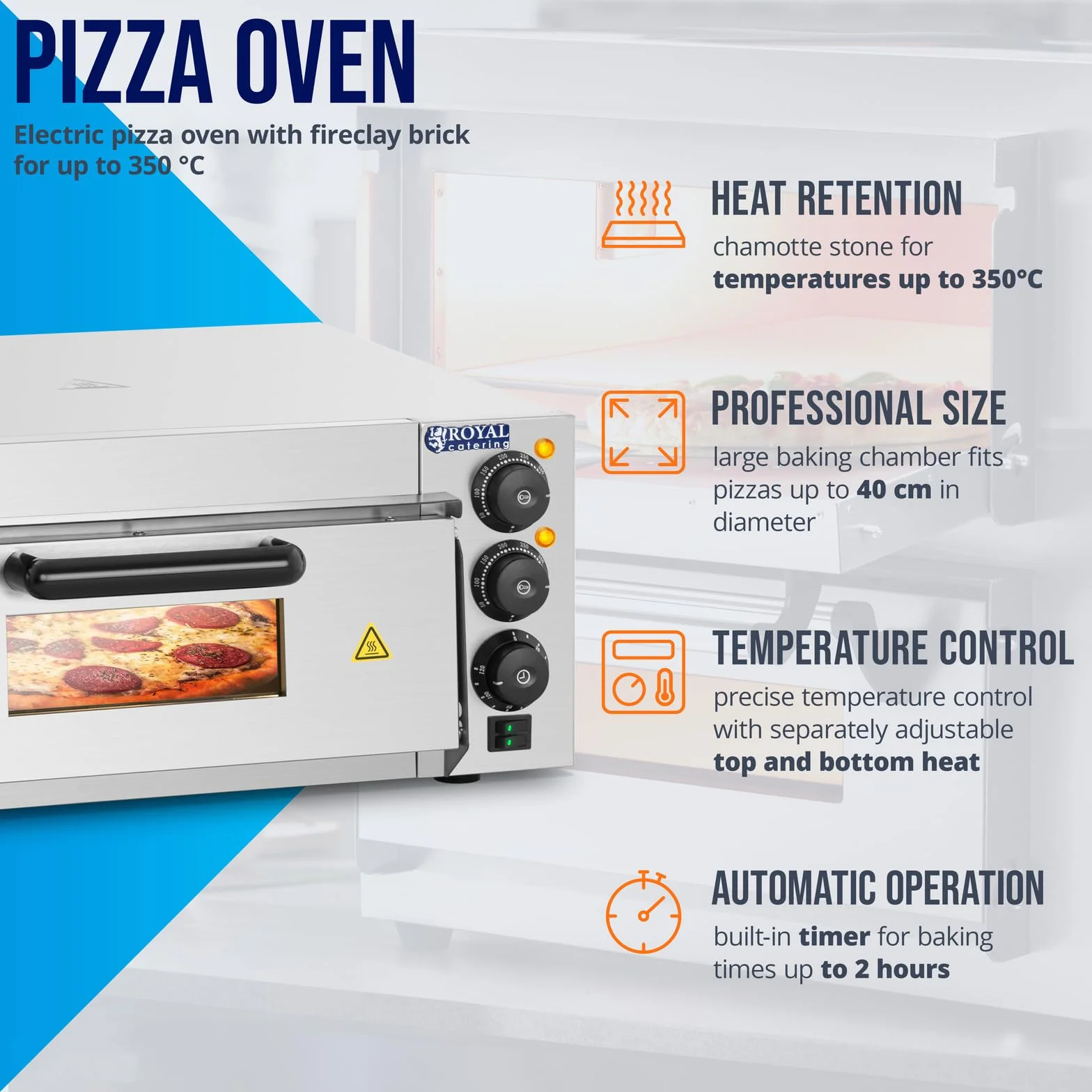 Royal Catering RCPO-2000-1PE Pizzaofen elektrisch 2000W 1 Kammer Pizzabackofen Pizza Ofen Schamotte Schamotteboden