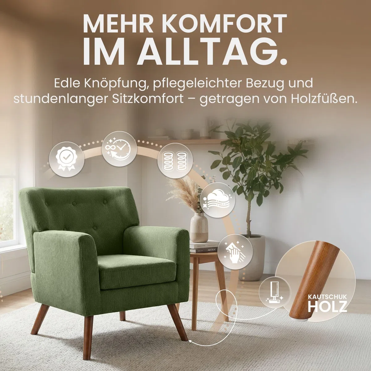 CLP Sessel gepolstert mit Cordbezug Kioni, Polstersessel mit Armlehnen, Ohrensessel bis 150 kg, Relaxsessel und Fernsehsessel für Wohnzimmer, Farbe:grün