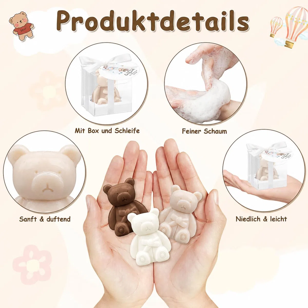 36 Stück Bärchen-Seifen Gastgeschenke, Mini-Seifen mit Geschenkbox & Dankeskarten, Duftseifen für Babyparty, Taufe, Hochzeit, Gender Reveal & Geburtstag – Weiß & Braun