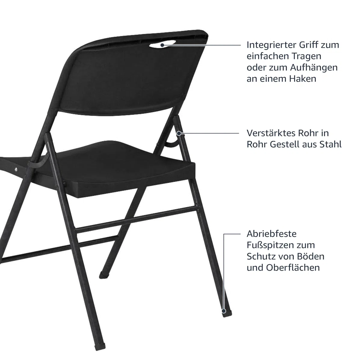 Amazon Basics Klappstühle aus Kunststoff und Metall, 4er-Set, Campingstuhl, Küchenstuhl, drinnen und draußen, Schwarz, bis 158 kg