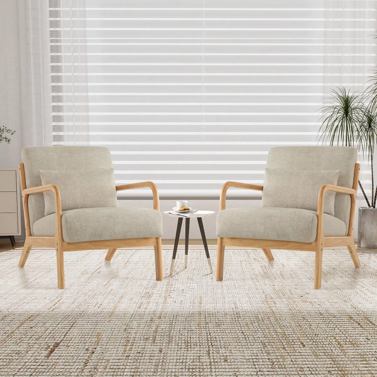 2er-Set Accent Sessel mit Kissen, Moderner Polstersessel für Wohnzimmer,Lounge-Stuhl mit Armlehnen&Holzrahmen, bequemer Lesesessel, Stoff Hellgrau