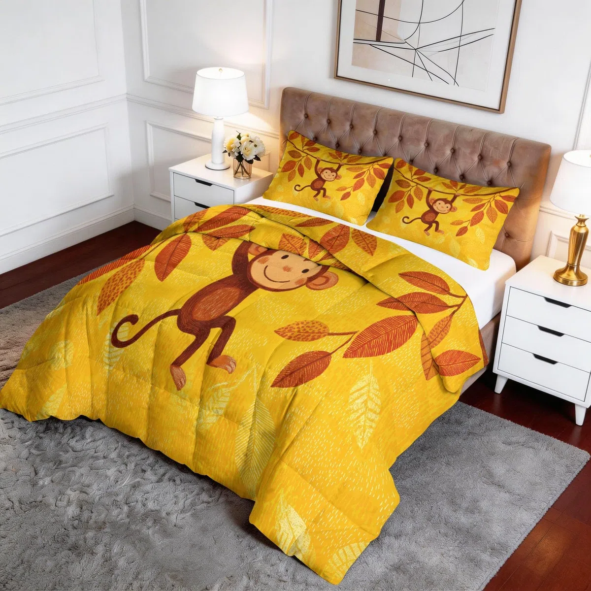 Bettdecke ohne Bezug 135 x 200 cm für Jungen Mädchen Kinder Babygeschenk, Waschbare Süß Natur Tiere Affe Ganzjahresdecke Steppdecke - Gelb Schlafdecke Sommerdecke Bedruckt für alle 4 Jahreszeiten