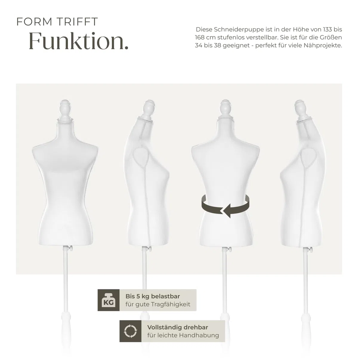tectake® Schneiderpuppe verstellbar, Schaufensterpuppe weiblich, Damenbüste Mannequin, Büste, Kleiderpuppe, Nähpuppe, Schneiderbüste, Stehpuppe, Kleiderpuppe Damen - weiß