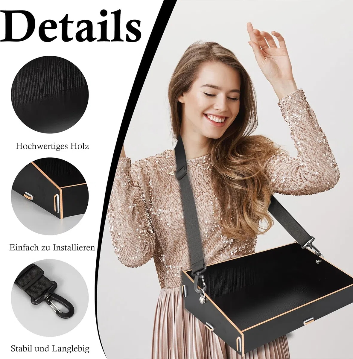 BEIMEIII Bauchladen Junggesellinnenabschied Schwarz Bauchladen JGA 40 * 26 * 10.5cm Bauchladen Braut Holz Junggesellinnenabschied Deko für Männer Frauen JGA Party Spiele Promotion