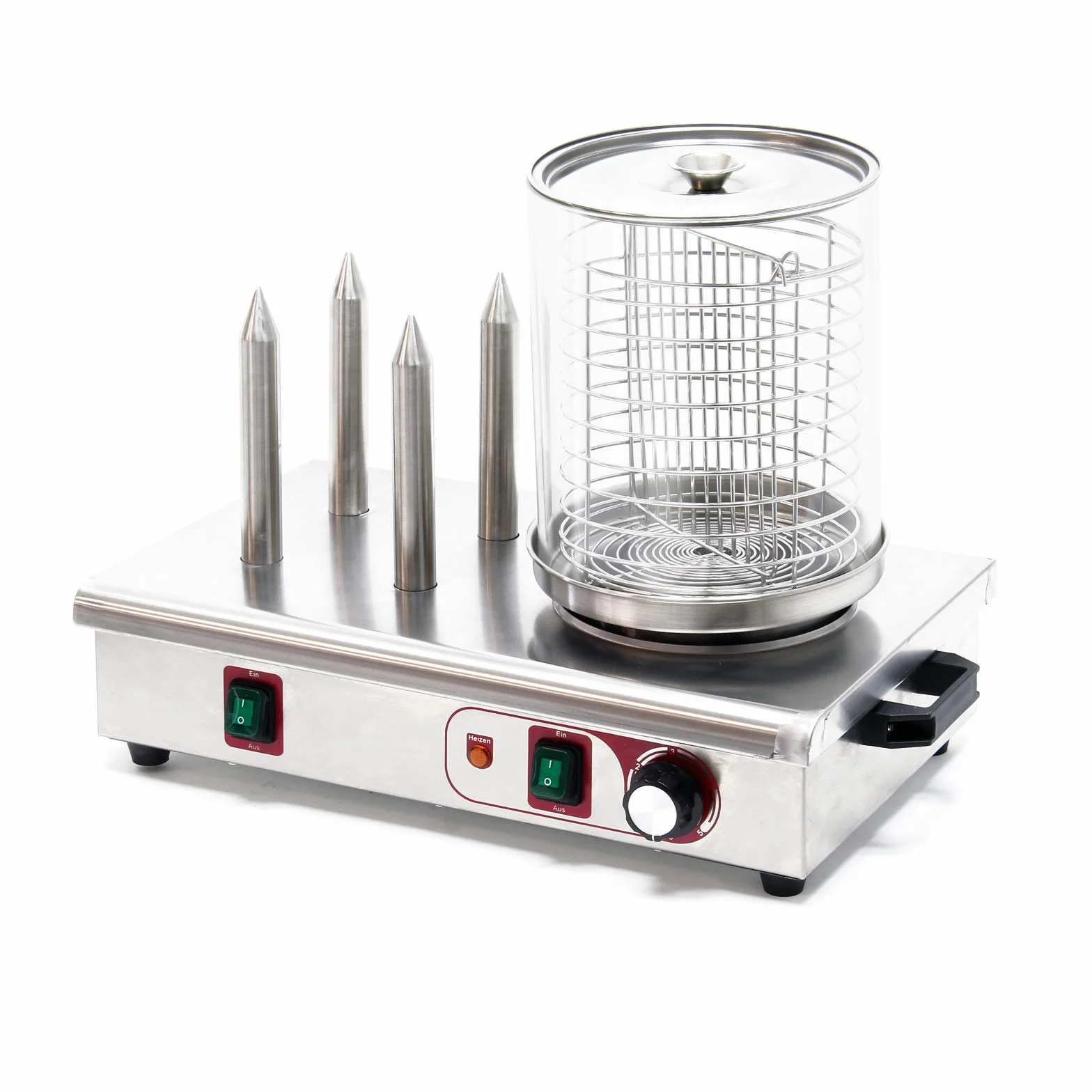 Wiltec Hot Dog Gerät 650 W aus Edelstahl mit 4 Heiz-Dornen, 475 x 290 x 380 mm, Wurstkocher Würstchenwärmer Hot Dog Maker Eierkocher Dämpfer