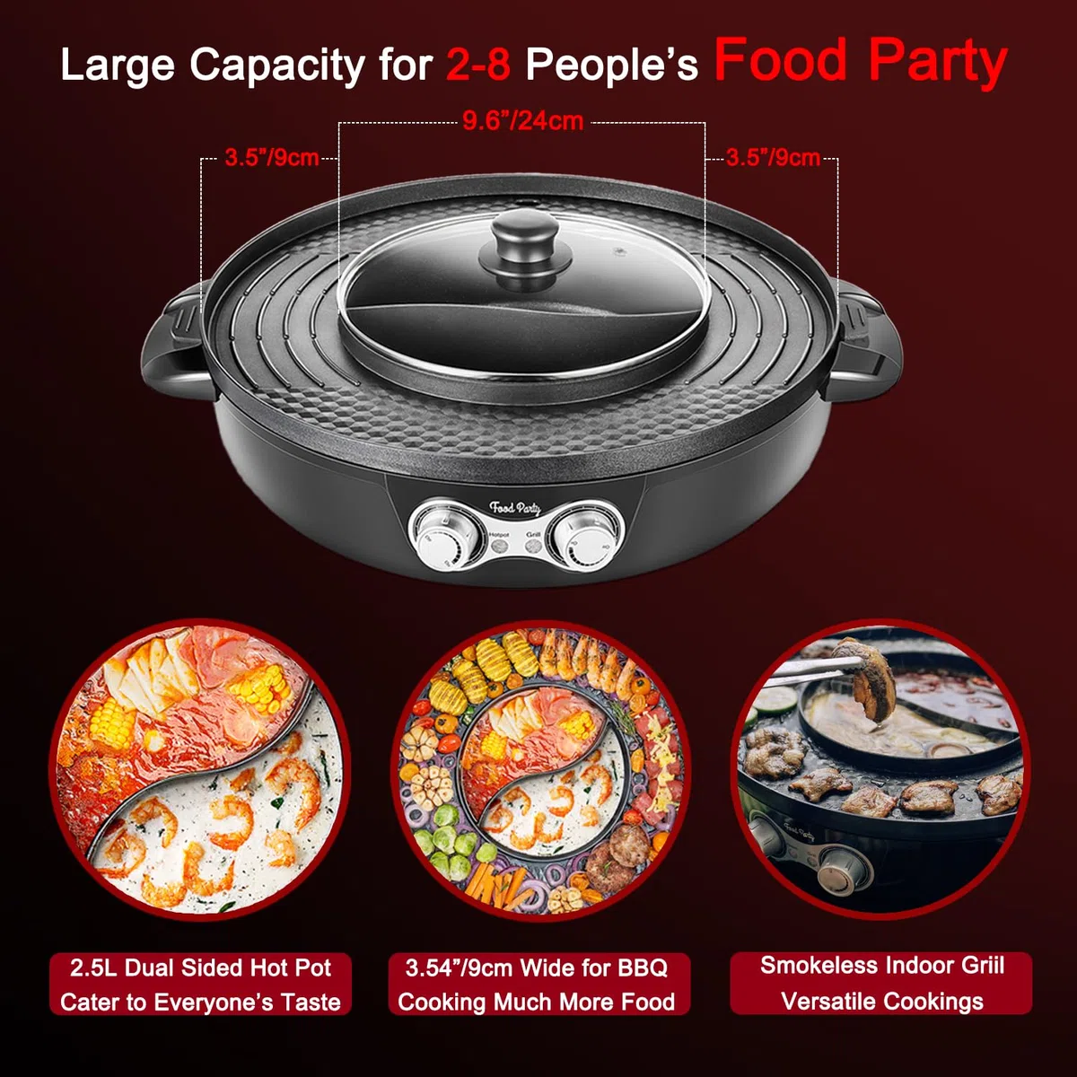 Food Party Hot Pot und Tischgrill Elektrisch Hotpot Topf Elektrogrill 220V 2200W 2 in 1 Electric Hot Pot Indoor Korean BBQ Grill Thai Barbecue Fondue für 8 Personen (Abnehmbarer Hotpot Grill 2.0)