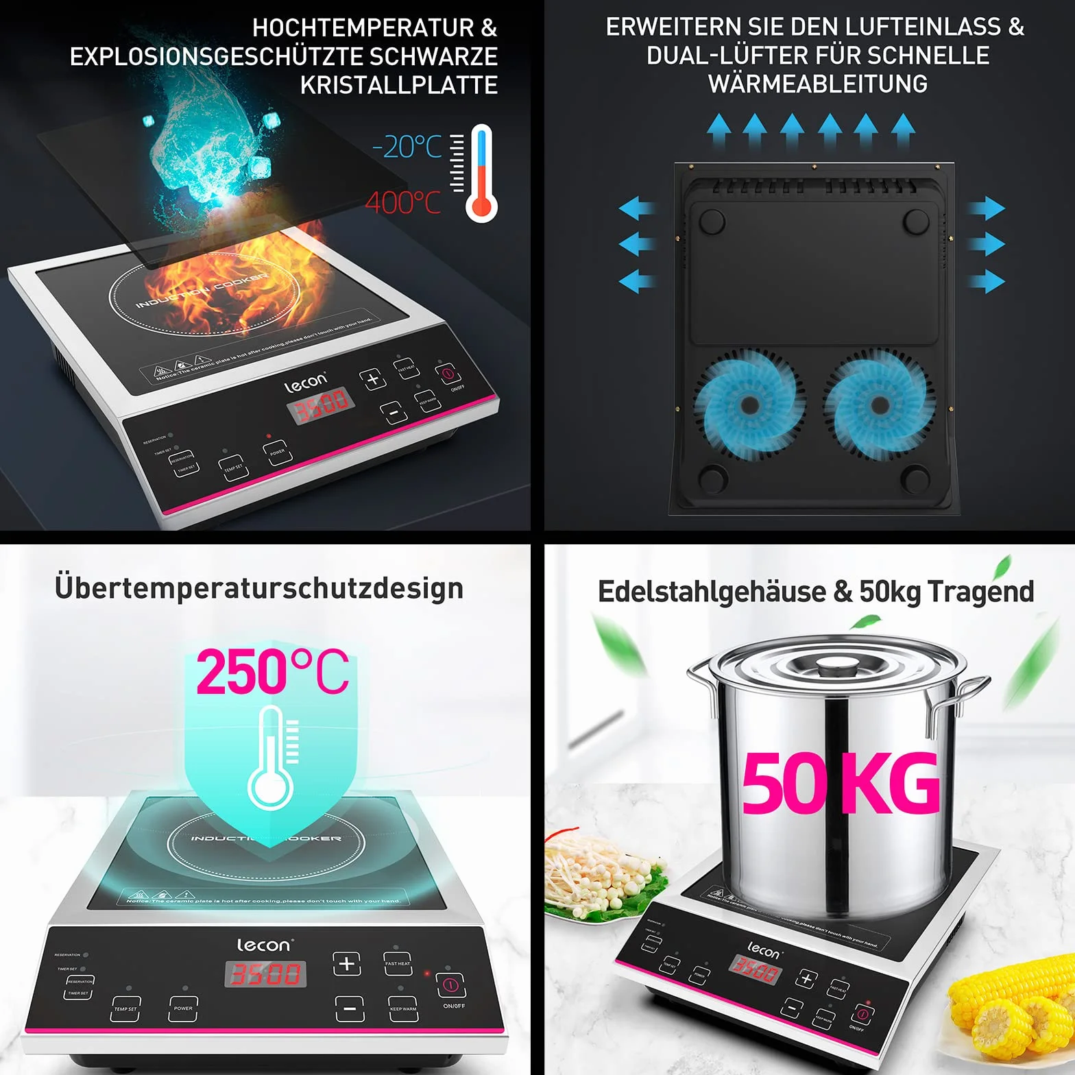 Lecon Induktionskochplatte, 3500W Induktionskochfeld mit Timer On/Off und Isolierfunktion, 50KG Große Tragfähigkeit Edelstahlgehäuse, Temperaturregelung Gewerblicher Induktionsherd Kochplatte
