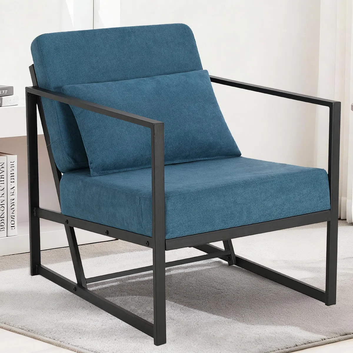 Mingone Sessel Gepolsterter Cocktailsessel Relax Polstersessel Stuhl Lehnstuhl Blau aus Leinen Loungesessel mit Handläufen Eisengestell für Wohnzimmer, 1