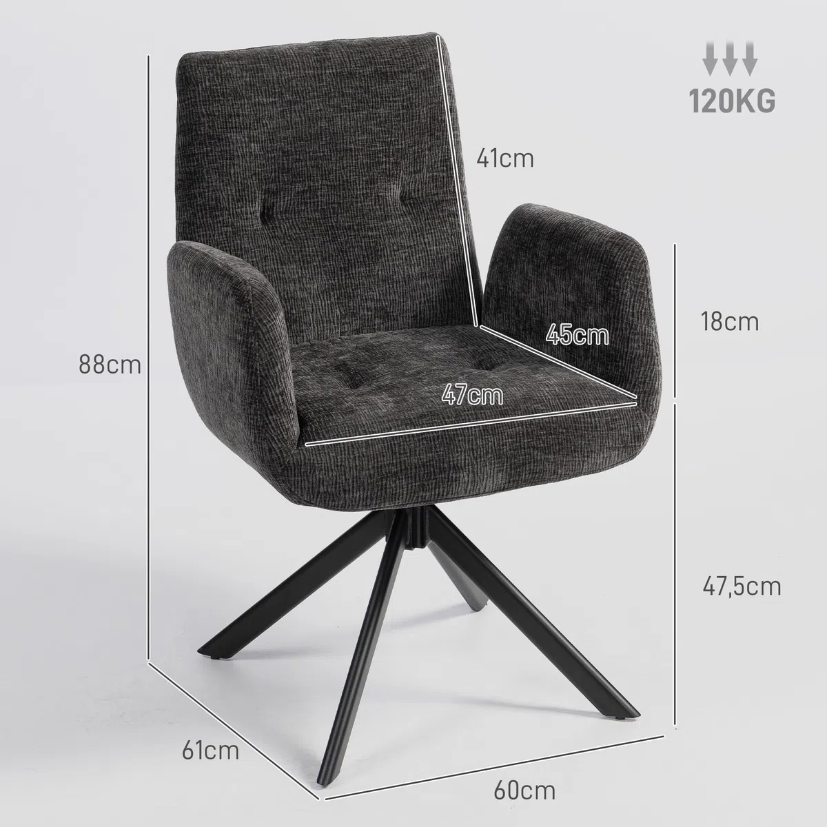 HOMCOM Sessel Drehbar Loungesessel mit Armlehne, Wolle-Leinenoptik, modern Polsterstuhl mit Knopfheftung, Stahlbeine, für Wohnzimmer, Schlafzimmer, Schwarz