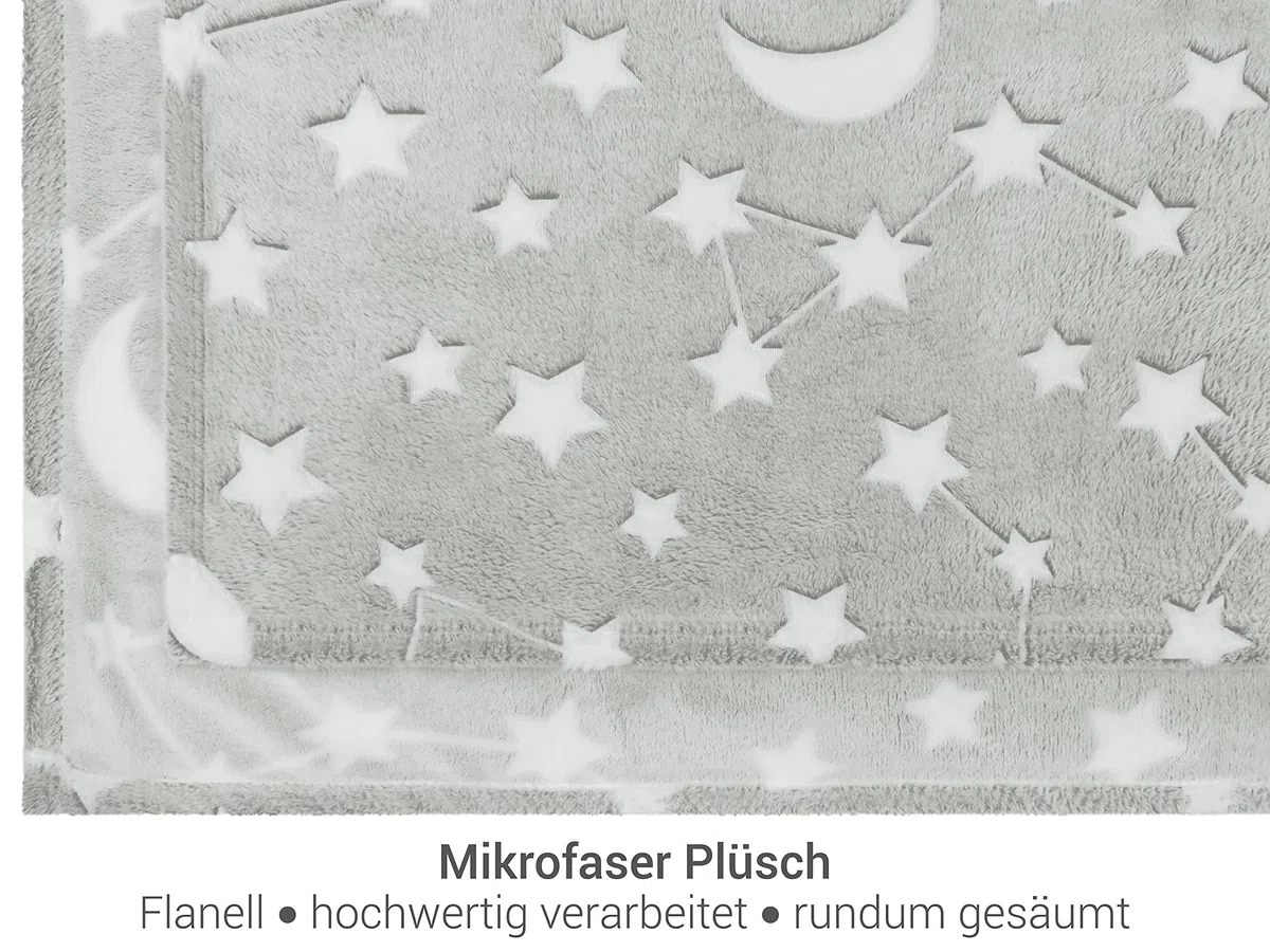 Kuscheldecke - leuchtet im Dunkeln - weich und flauschig 1261.1661, ca. 150 x 200 cm, Mond und Sterne grau