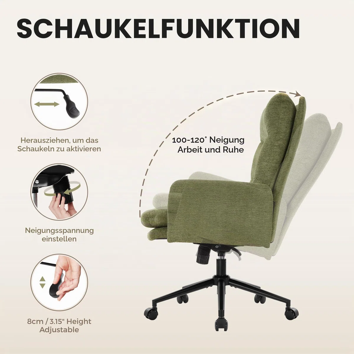 IWMH Schreibtischstuhl mit Hoher Rückenlehne,Bürostuhl Ergonomisch aus Kaschmir, Schminktisch Stuhl mit Armlehne, Drehstuhl Höhenverstellbarer Buero Wohnzimmer (Grün)