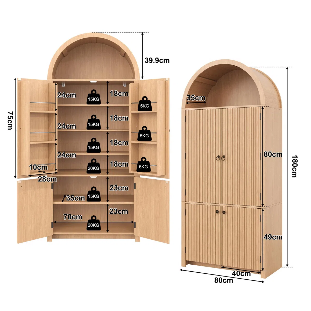 BTM Küchenschrank mit Türablagen und Offene Vitrine, Minimalistisch Bogenschrank Wohnzimmerschrank 180cm Holzoptik