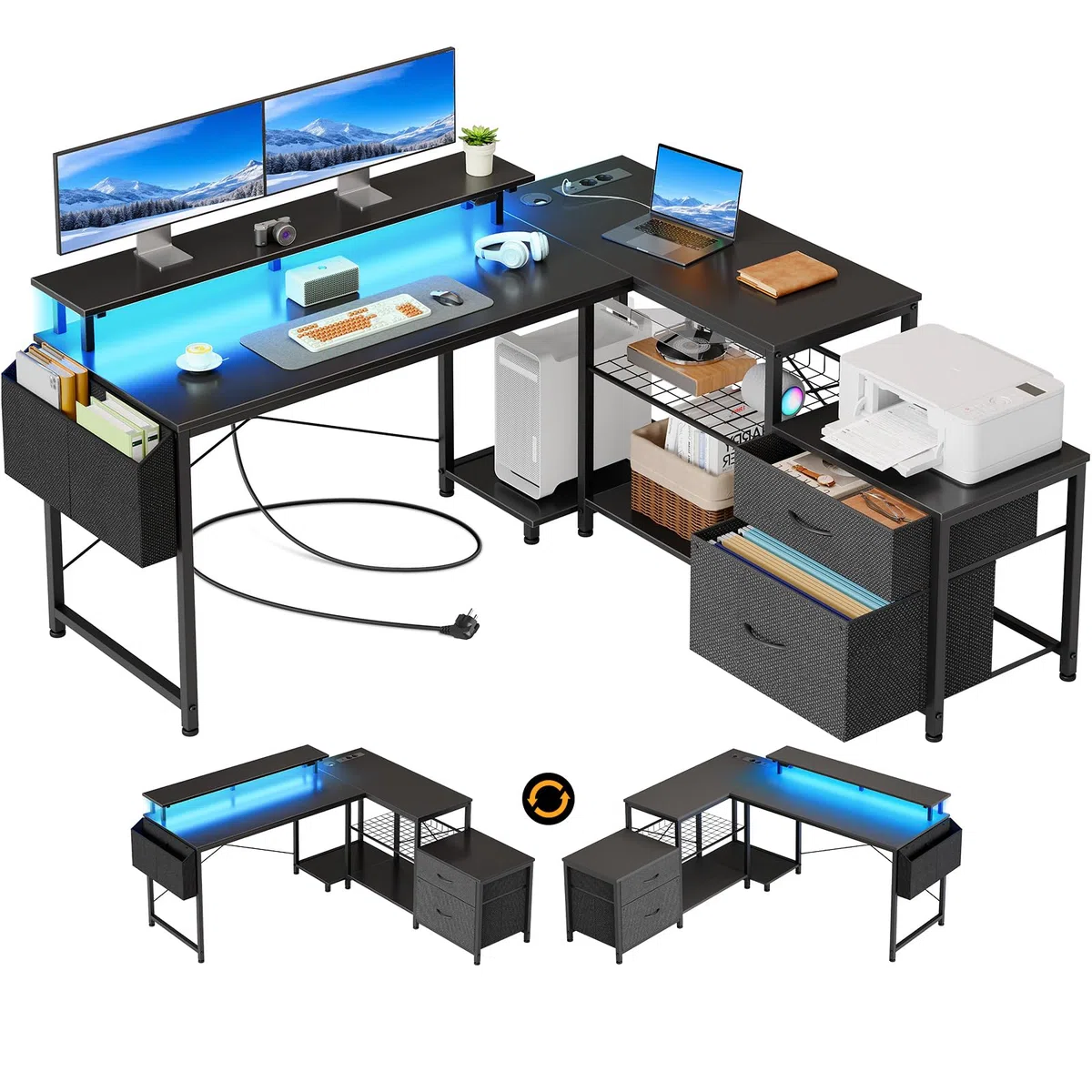 Seventable Schreibtisch L Form mit Ablageflächen, Gaming Tisch mit LED & Steckdosen, Computertisch mit Monitorständer für Homeoffice, Schlafzimmer, Wohnzimmer, Schwarz