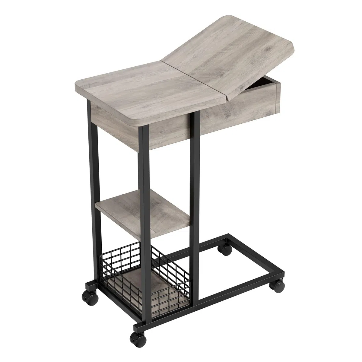 Beistelltisch mit Steckdose und Rollen – Mobiler Tisch in C-Form, 60 x 35 x 75 cm, mit Metallfuß für Wohnzimmer, Bett oder Büro