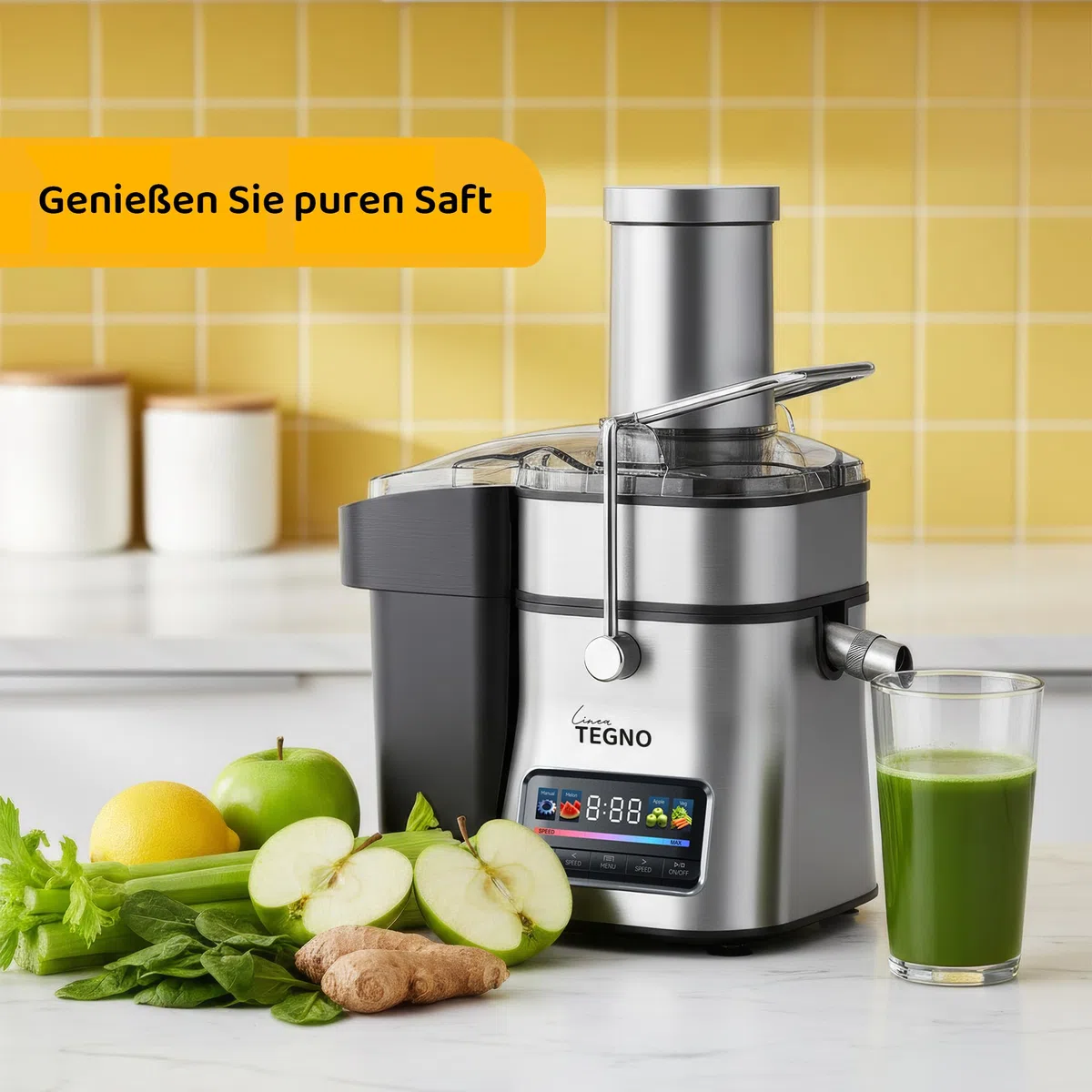 Super Juicer - Linea Tegno - Professioneller Edelstahl Entsafter - Entsafter für Obst und Gemüse - 1500W - Extra große Einfüllöffnung - 2,5L Fruchtfleischbehälter - 1L Saftbecher, LED-Farbdisplay