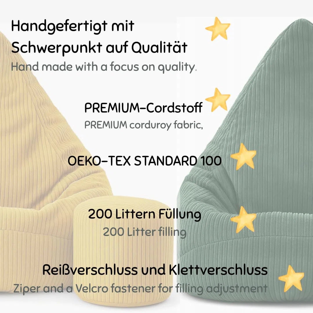 Sitzsack Kinder mit Hocker 75x75x100cm - Kinder Sitzsack mit Füllung - Schlafzimmer und Wohnzimmer Möbel - Cord Indoor Sitzsäcke - Lounge Sessel - Bean Bag