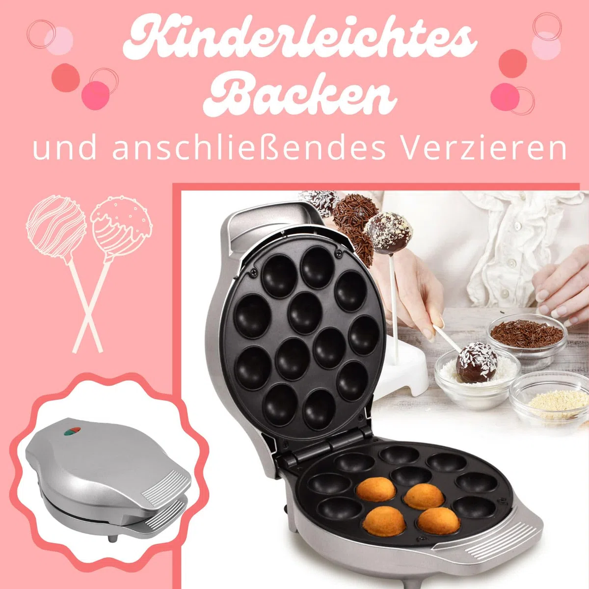 Syntrox Cake Pop Maker | Maschine | Popcakes Maker für 12 Cake Pops, 1200 Watt, Silber, Antihaftbeschichtet, backautomat, Festtagsgebäck selber machen, kleine kuchen Backmaschine