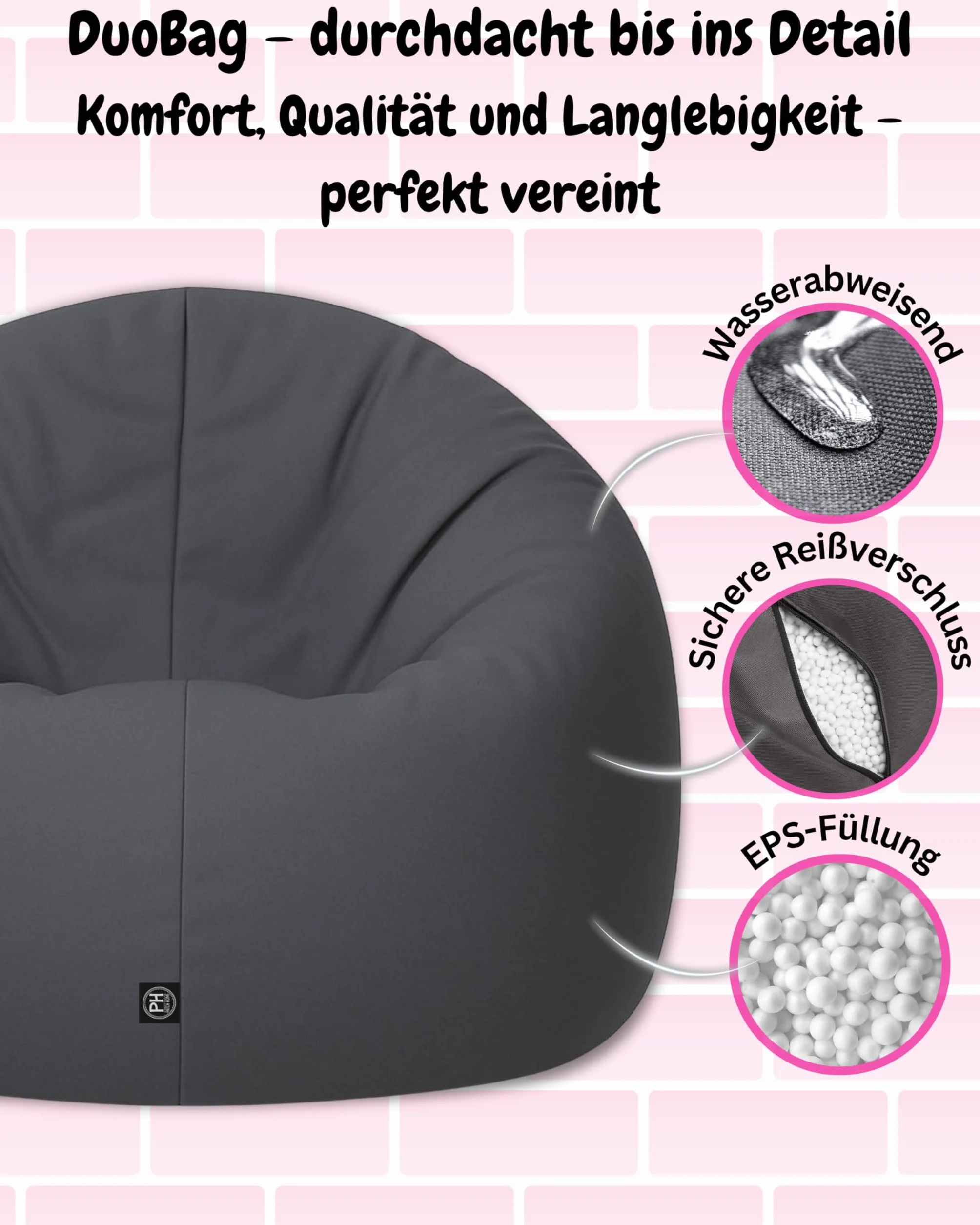 PATCH HOME 2 in 1 Funktion Sitzsack Sessel Bean Bag Sitzsäcke Gaming mit Reißverschluss bereits befüllt - Ø 125cm -Anthrazit