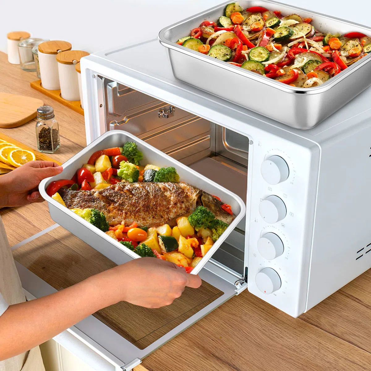 Homikit Auflaufform Set, Edelstahl Rechteckig Kuchenform Backform Tiramisu Form 2er Set, Ofenform Groß 32,5 x 25,5 x 8 cm, Perfekt für Lasagne/Mäser/Brownie, Hitzebeständig & spülmaschinengeeignet