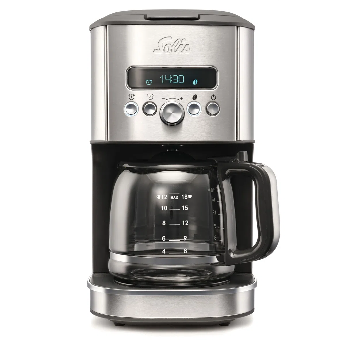 Solis Aroma Brewer Filterkaffeemaschine Typ 1021 – Frisch gebrühter Kaffee auf Knopfdruck, mit Timer, Aromawahlschalter, 1,8L Wassertank, Warmhaltefunktion, Edelstahl-Design, Glaskanne & Dosierlöffel