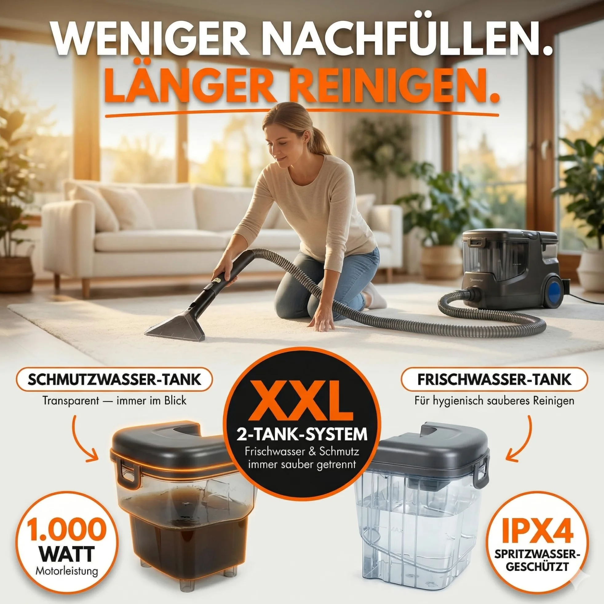 Sommertal HYDRO 9000 MAX Waschsauger | 1.000W, 28 kPa | Teppichreiniger & Polsterreiniger mit integriertem Dampfsauger und Nasssauger-Funktion für Teppich, Sofa, Auto-Innenraum & Matratzen