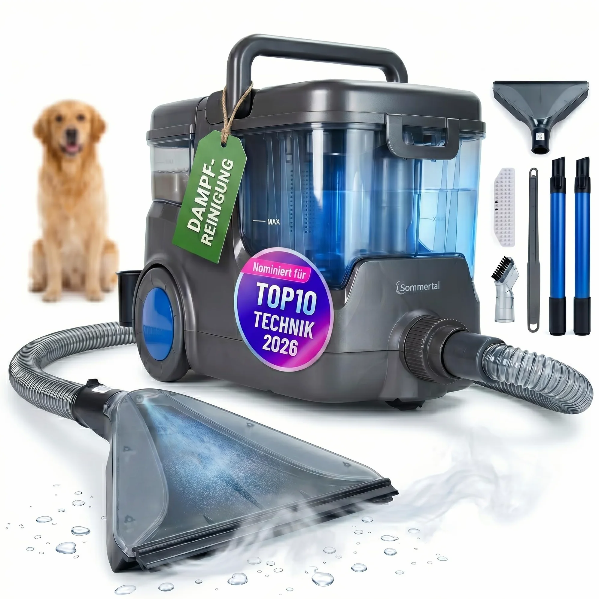 Sommertal HYDRO 9000 MAX Waschsauger | 1.000W, 28 kPa | Teppichreiniger & Polsterreiniger mit integriertem Dampfsauger und Nasssauger-Funktion für Teppich, Sofa, Auto-Innenraum & Matratzen
