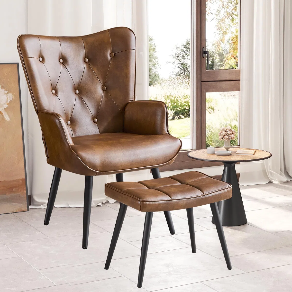 Sessel mit Hocker, Ohrensessel mit Hocker aus PU-Kunstleder, Sessel Wohnzimmer Relaxsessel mit Fußstütze Loungesessel Polstersessel fürs Wohnzimmer Schlafzimmer Arbeitszimmer, Braun