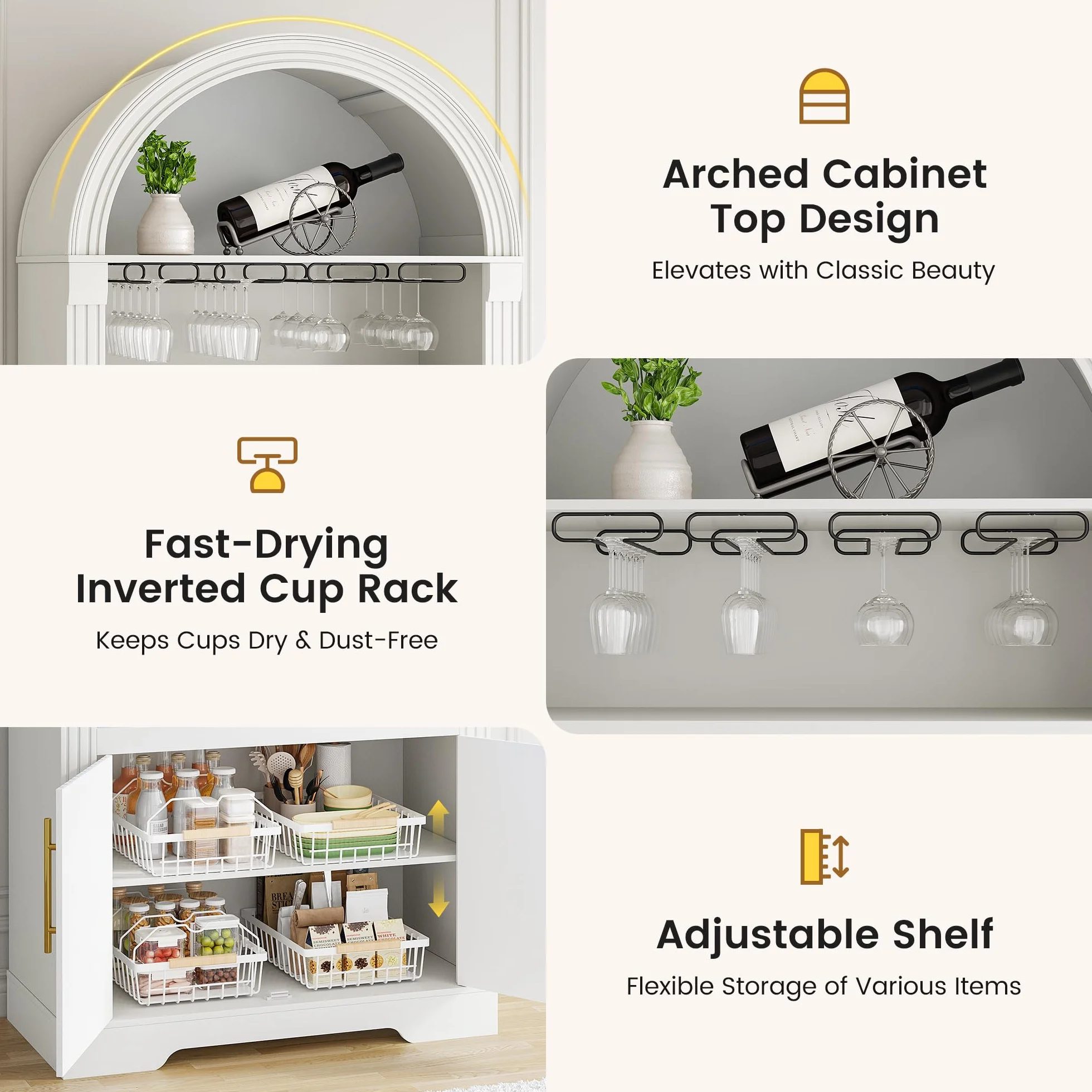 LVSOMT LED Bogen Weinschrank Holz, 180cm Barschrank Modern, 3 Farben Licht, 4 Reihig Rotweinglas Regal, 2 Tür Stauschrank, Weinschränke für Küche Esszimmer Wohnzimmer, Weiß