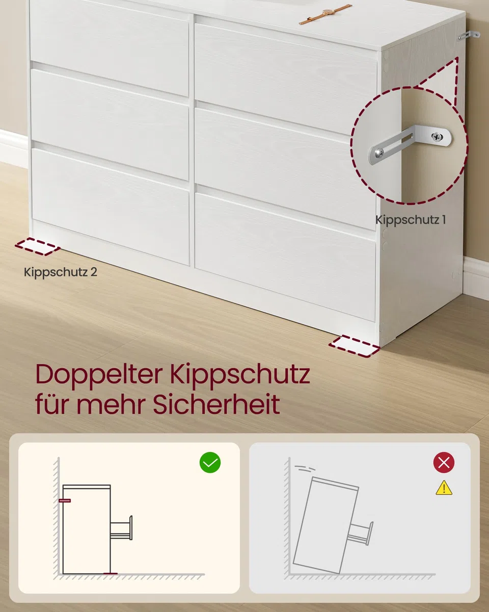 VASAGLE Kommode mit 6 Schubladen, Komodenschrank, Schubladenschrank, Wäschekommode, für Schlafzimmer, 40 x 119,4 x 75 cm, Modern Kailyn Kollektion, schneeweiß LTS616W01
