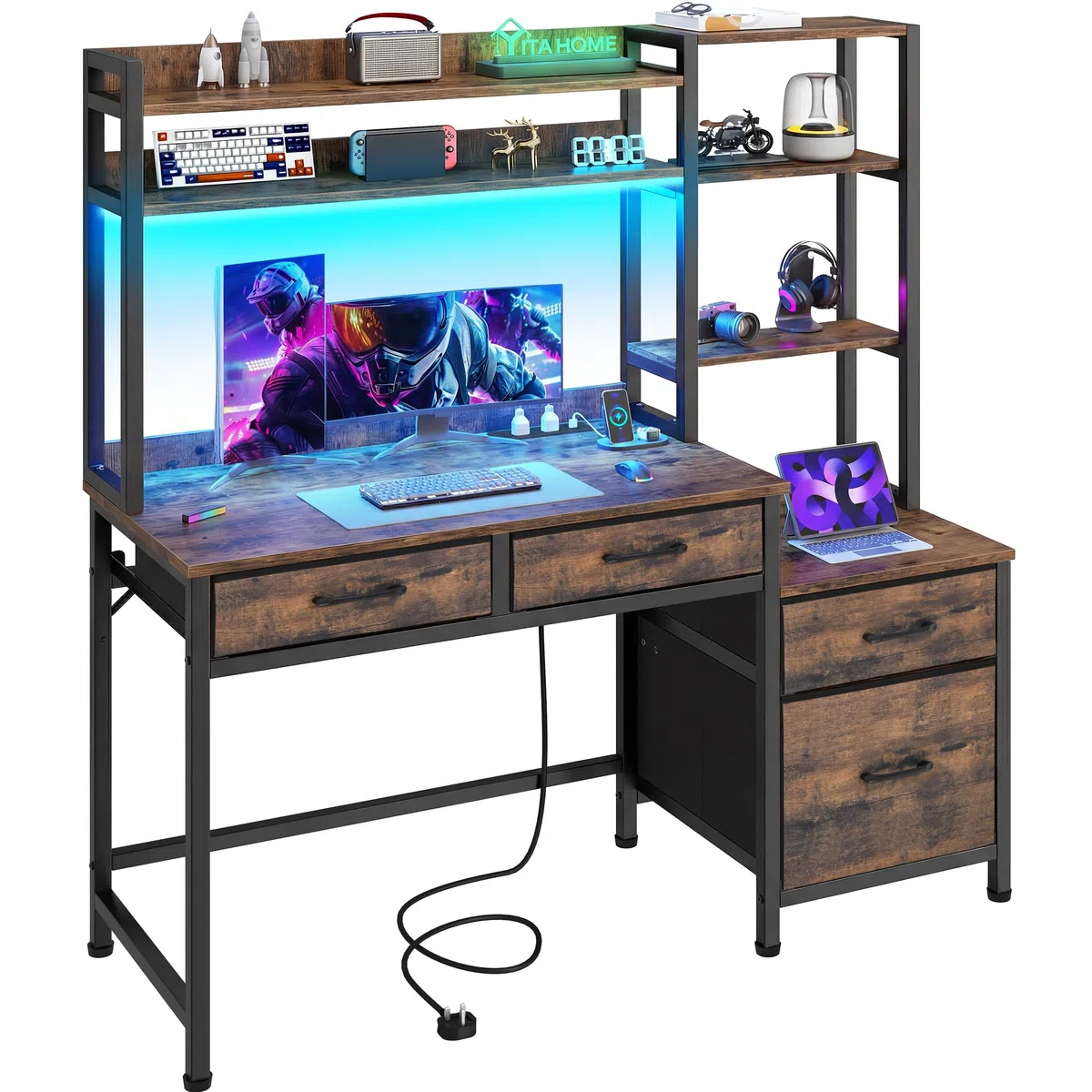 YITAHOME Computer Schreibtisch mit Schubladen, 128 x 50 x 150 cm Computertisch Aufbewahrungen & Regale, Gaming Tisch Arbeitsstationen mit LED Licht & Steckdosen, Home Office Eckschreibtisch, Braun