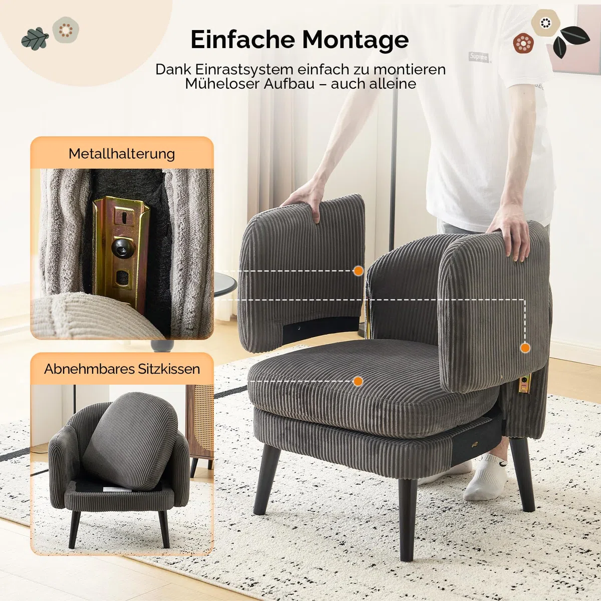 Bonnlo Sessel Gepolsterter Cocktailsessel, Moderner Loungesessel für Wohnzimmer, Lesesessel, Clubsessel, bis 113 kg belastbar, Schlafzimmer, Büro oder Wartebereich (Cord-Stoff, Dunkelgrau)