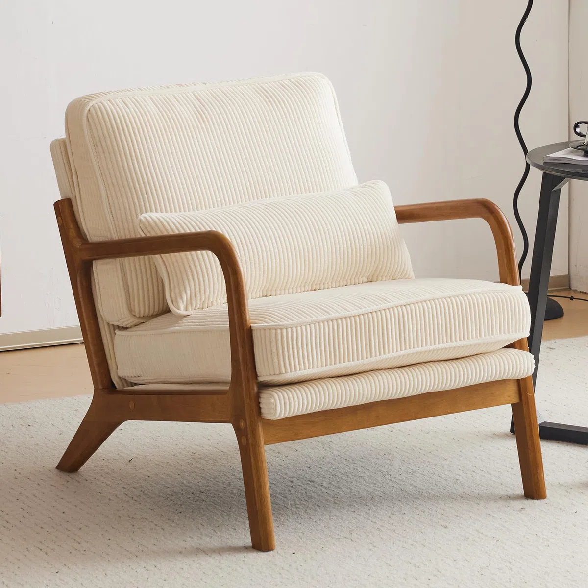Bonnlo Sessel Gepolsterter Cocktailsessel, Moderner loungesessel, Ohrensessel für Wohnzimmer, Polsterstuhl mit Massivholz, Lesesessel, bis 200 kg belastbar, Cord-Stoff (Beige)