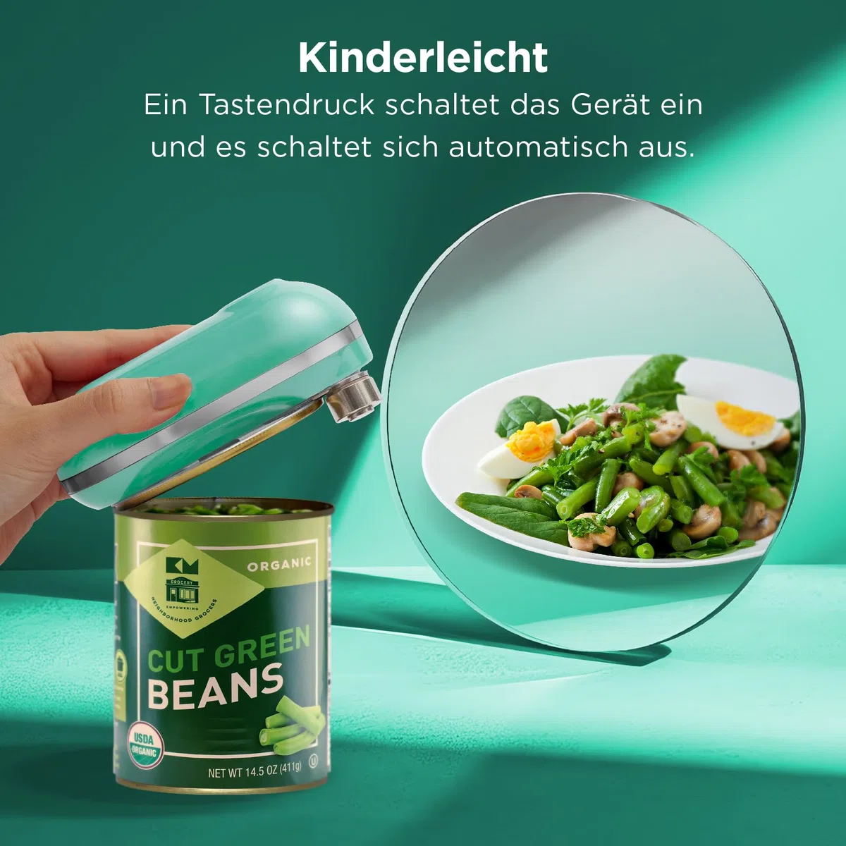 Kitchen Mama Mini Plus Wiederaufladbarer elektrischer Dosenöffner: Kompakt, Aufladen über Typ-C Ladekabel, freihändig, automatische Abschaltung, glatte Ränder, lebensmittelecht (Türkis)