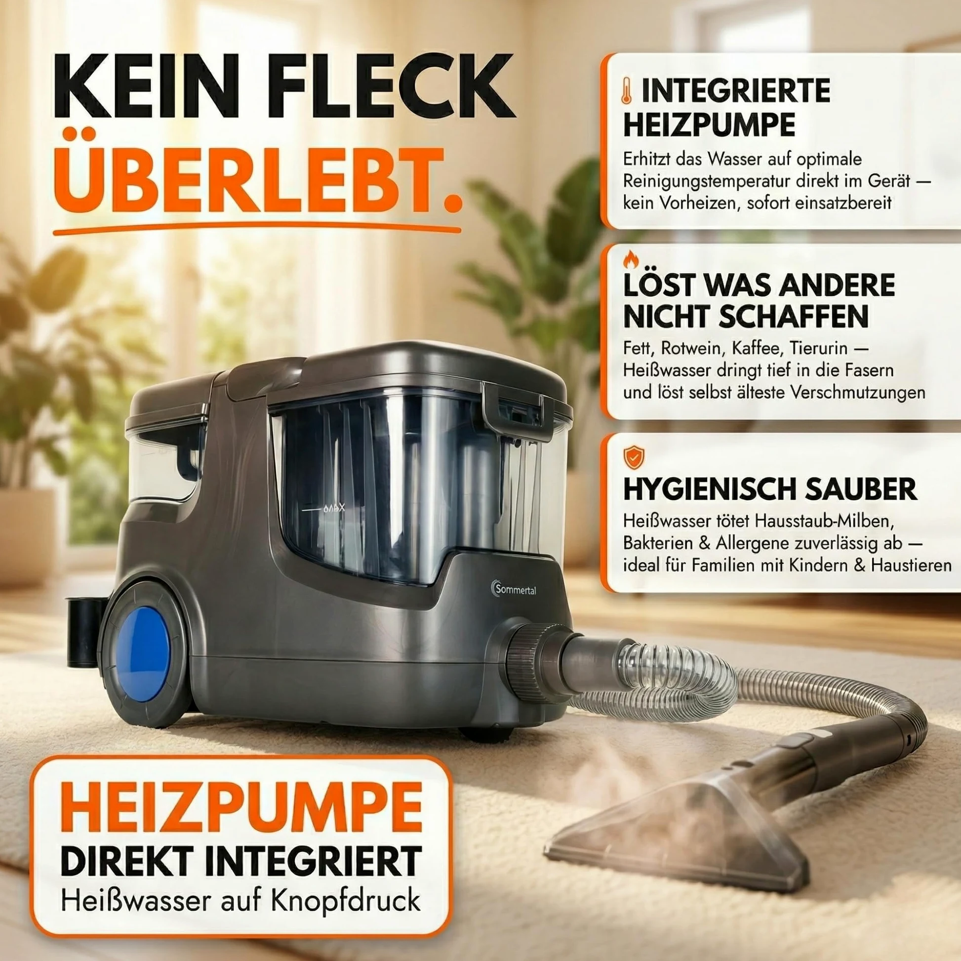 Sommertal HYDRO 9000 MAX Waschsauger | 1.000W, 28 kPa | Teppichreiniger & Polsterreiniger mit integriertem Dampfsauger und Nasssauger-Funktion für Teppich, Sofa, Auto-Innenraum & Matratzen
