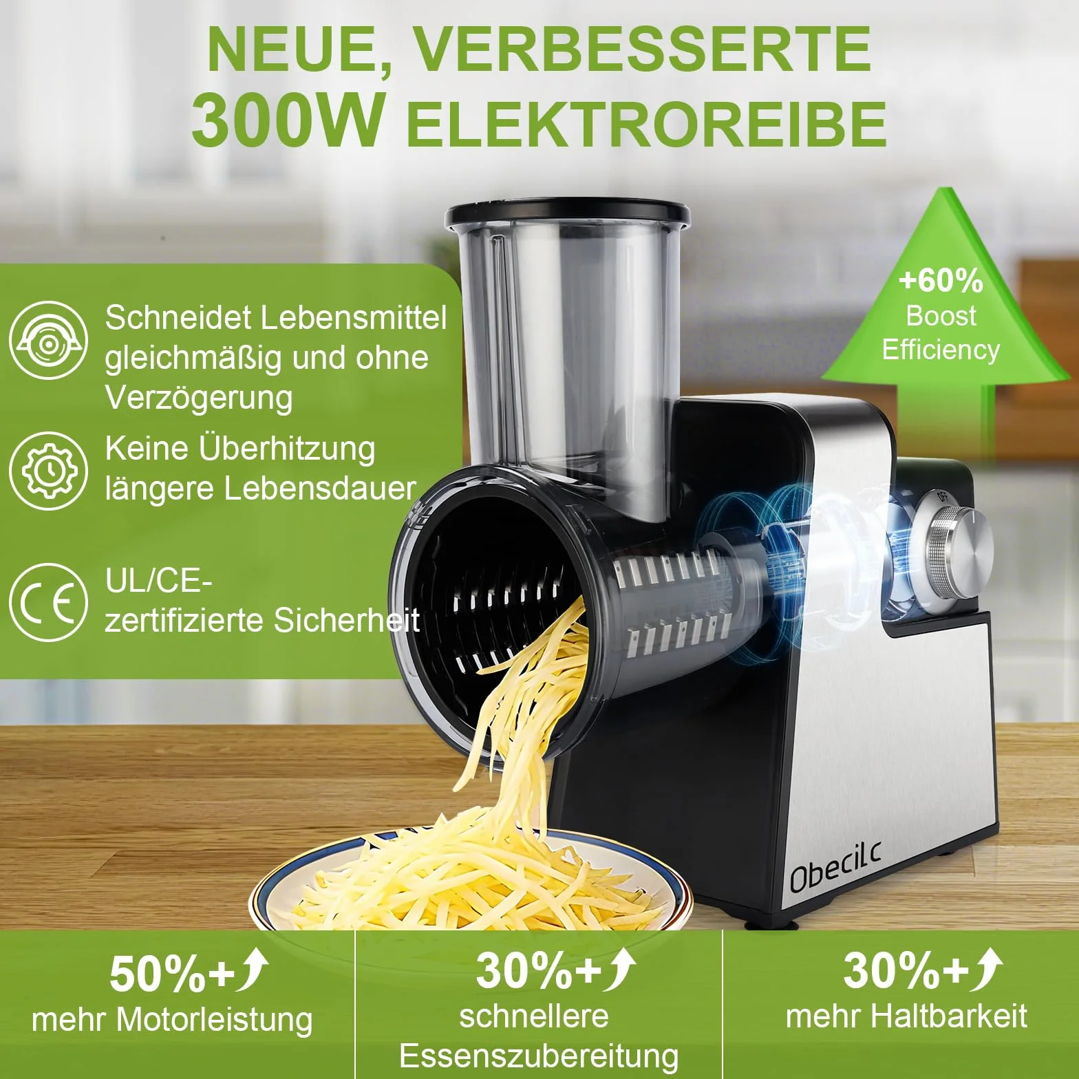 Elektrische Käsereibe für Blockkäse, elektrischer Käsereiber mit 7 Edelstahlklingen zum Schneiden, Raspeln und Zerkleinern von Gemüse, Obst und Nüssen, One-Touch-Bedienung