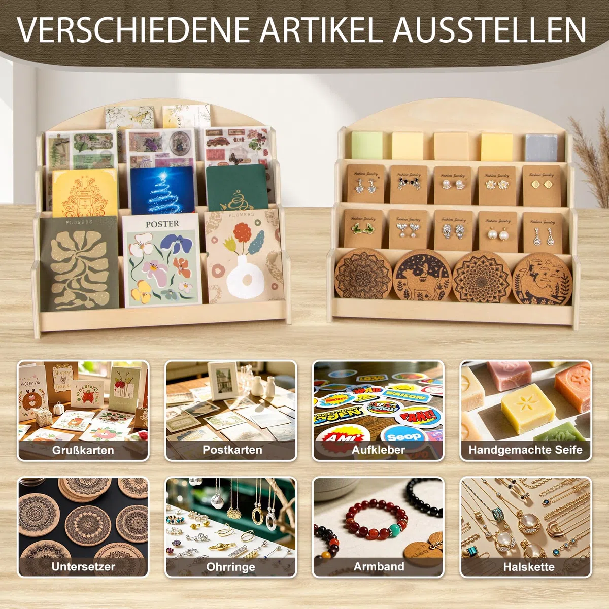 PUERSI Kartenständer Postkartenständer holz, Kartenaufsteller Postkartenhalter Karten Ständer Postkarten Aufbewahrung Grußkarten Rustikal, Beige