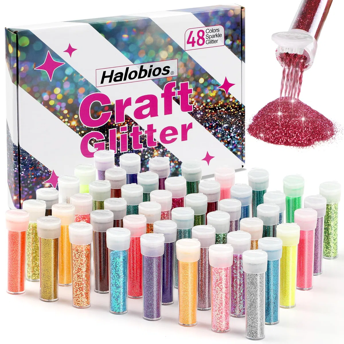 Halobios 48 Farben feiner Glitter für Harzguss, Glitter für Handwerk Herstellung, kosmetischer Glitters für Bühne Make-up, Nail Art, Haar