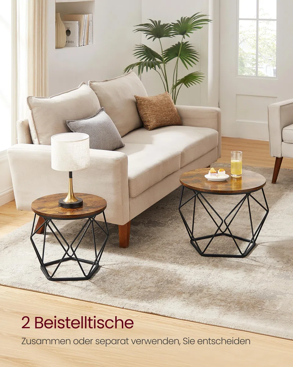 VASAGLE Couchtisch rund, 2er Set, Wohnzimmertisch, Beistelltisch, Vintage-Flair, abnehmbare Tischplatte, für Wohnzimmer, vintagebraun-tintenschwarz LET040B01