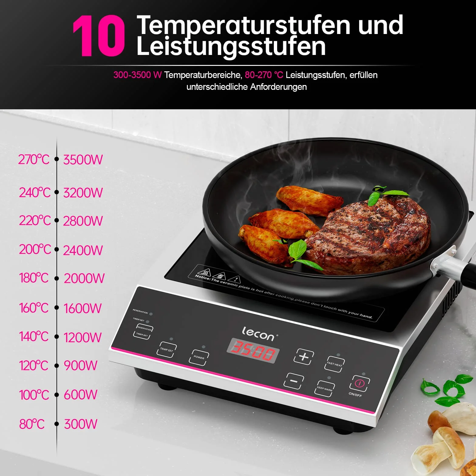 Lecon Induktionskochplatte, 3500W Induktionskochfeld mit Timer On/Off und Isolierfunktion, 50KG Große Tragfähigkeit Edelstahlgehäuse, Temperaturregelung Gewerblicher Induktionsherd Kochplatte