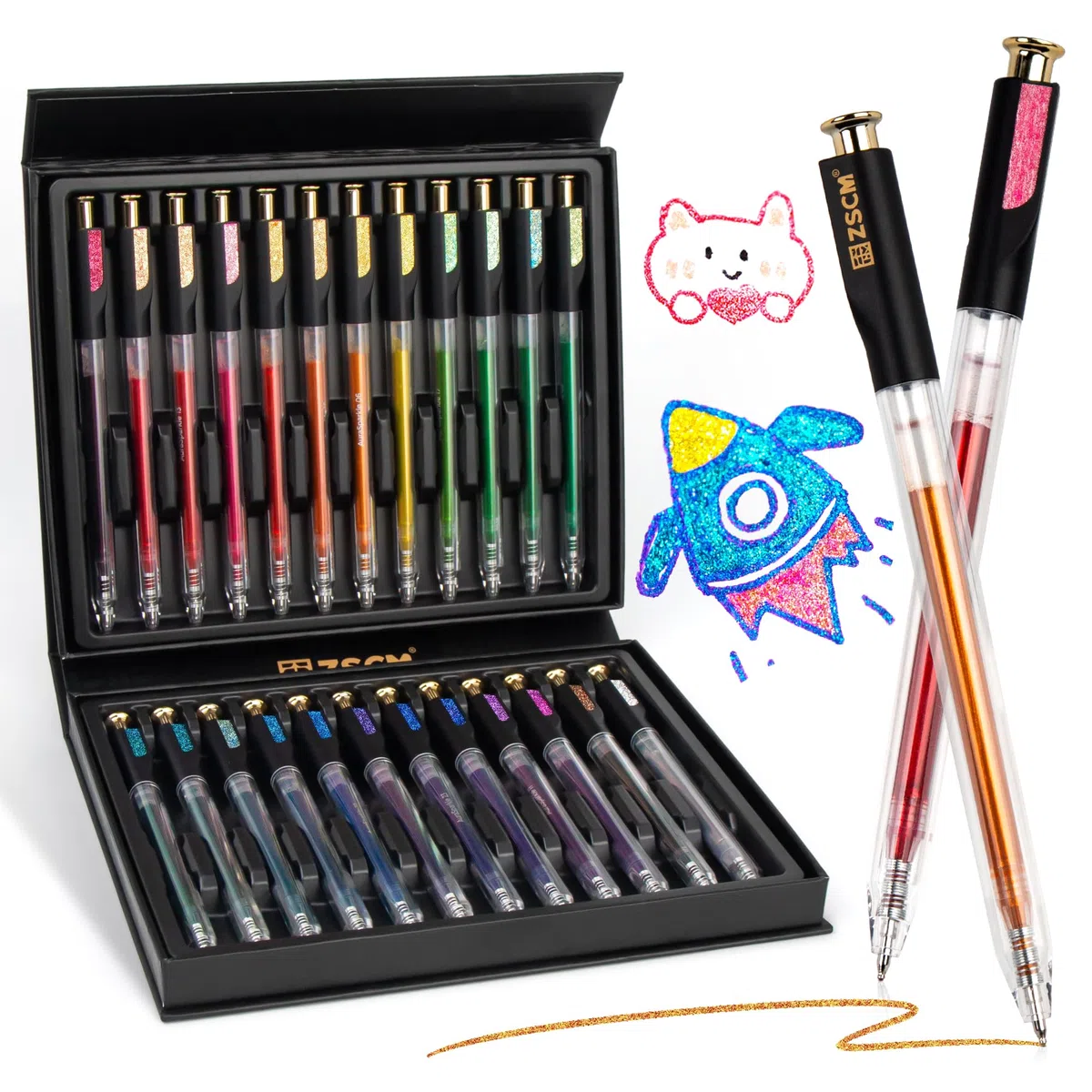 ZSCM Einziehbare Super-Glitzer-Gelstifte, 24 Farben, große Kapazität, metallisch, glitzernd, Gel-Tintenstifte, 1 mm feine Spitze, glattes Schreiben, Farbstift für Erwachsene, Malbuch, Notizen