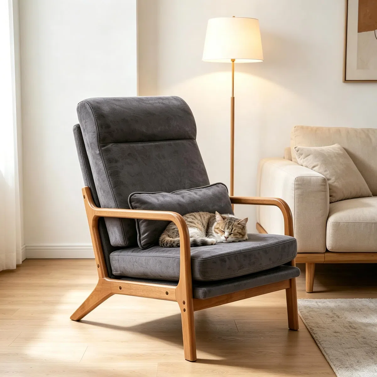 LEADZM Sessel Loungesessel, Armlehnstuhl Armlehnensessel Polstersessel, Armlehnen mit Massivholzrahmen, Lesesessel, Relaxsessel für Wohnzimmer, Schlafzimmer (Dunkelgrau)