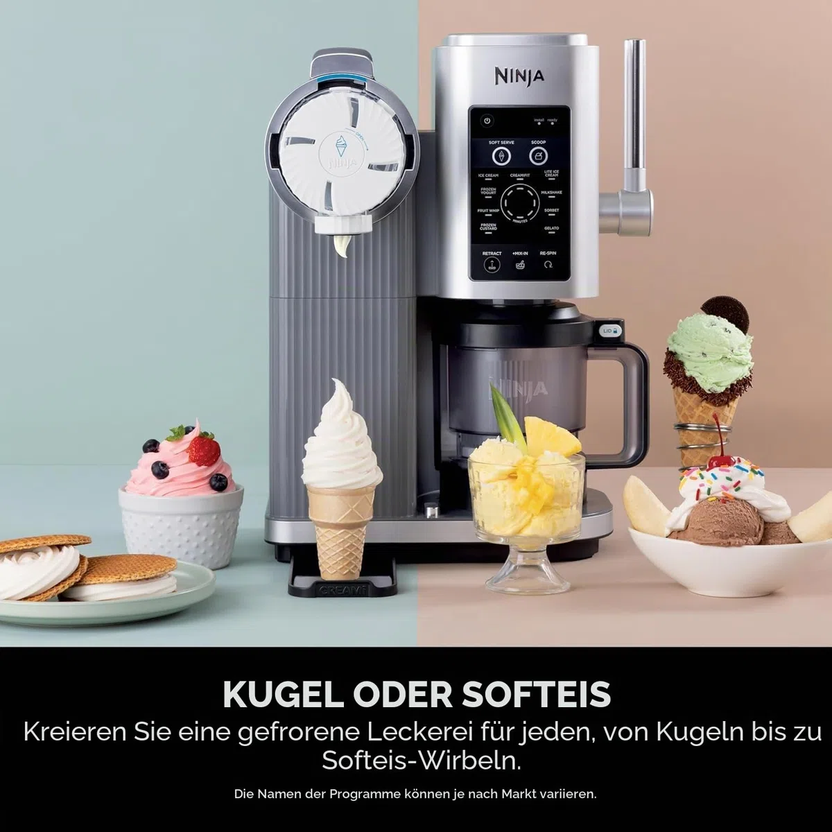 Ninja CREAMi Scoop and Swirl Soft Serve und Eismaschine mit 2x Dosen, 13 Funktionen, macht Eis, Softserve, Gelato, Sorbet, Milchshakes und mehr, Mix-In Option, Platinum Silver, NC701UK