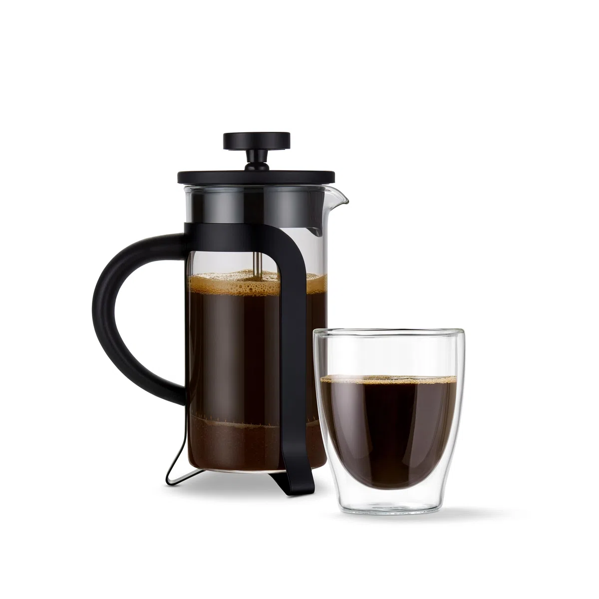 Tchibo Siebstempelkanne für manuelle Kaffeezubereitung, French Press aus hitzebeständigem Borosilikatglas, spülmaschinengeeignet, 300ml Fassungsvermögen für ca. 2 Tassen, Edelstahl, Schwarz