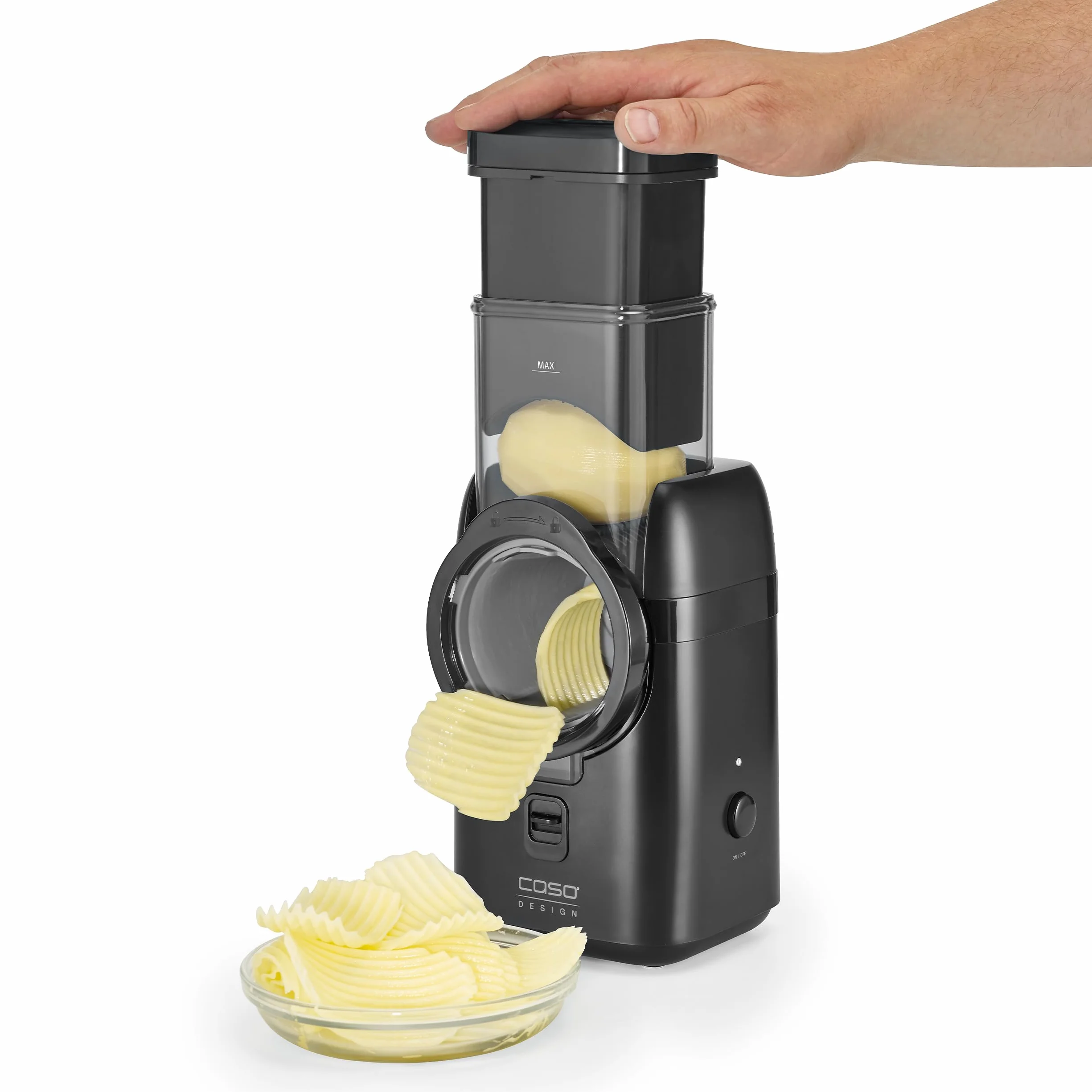 CASO MultiSlicer, Elektrische 5-in-1 Multireibe, Reiben & Raspeln von Obst, Gemüse,Käse & mehr, 5 Einsätze, Safety-Stopp, One-Touch-Bedienung, Kompakt & Kraftvolle 80 Watt