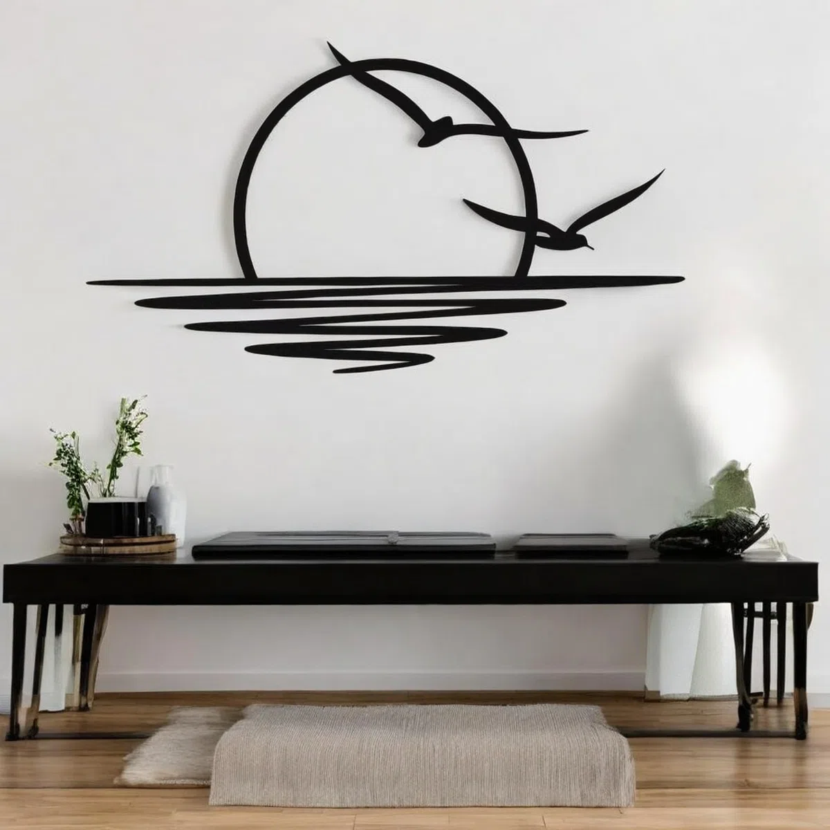 Tubibu Metall-Wandkunst Sonnen-Glitzer-Wanddekoration schwarze minimalistische Linienkunst Sonnenaufgang-Wandbehang (Small)